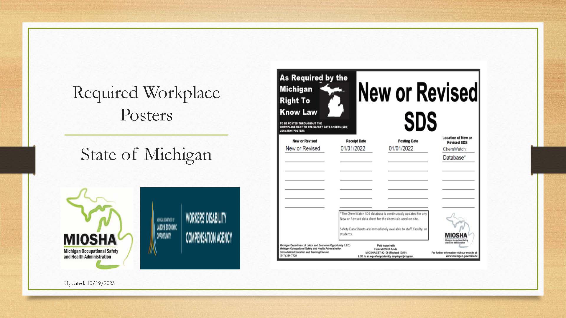 Poster showing Right to Know SDS New Revised.