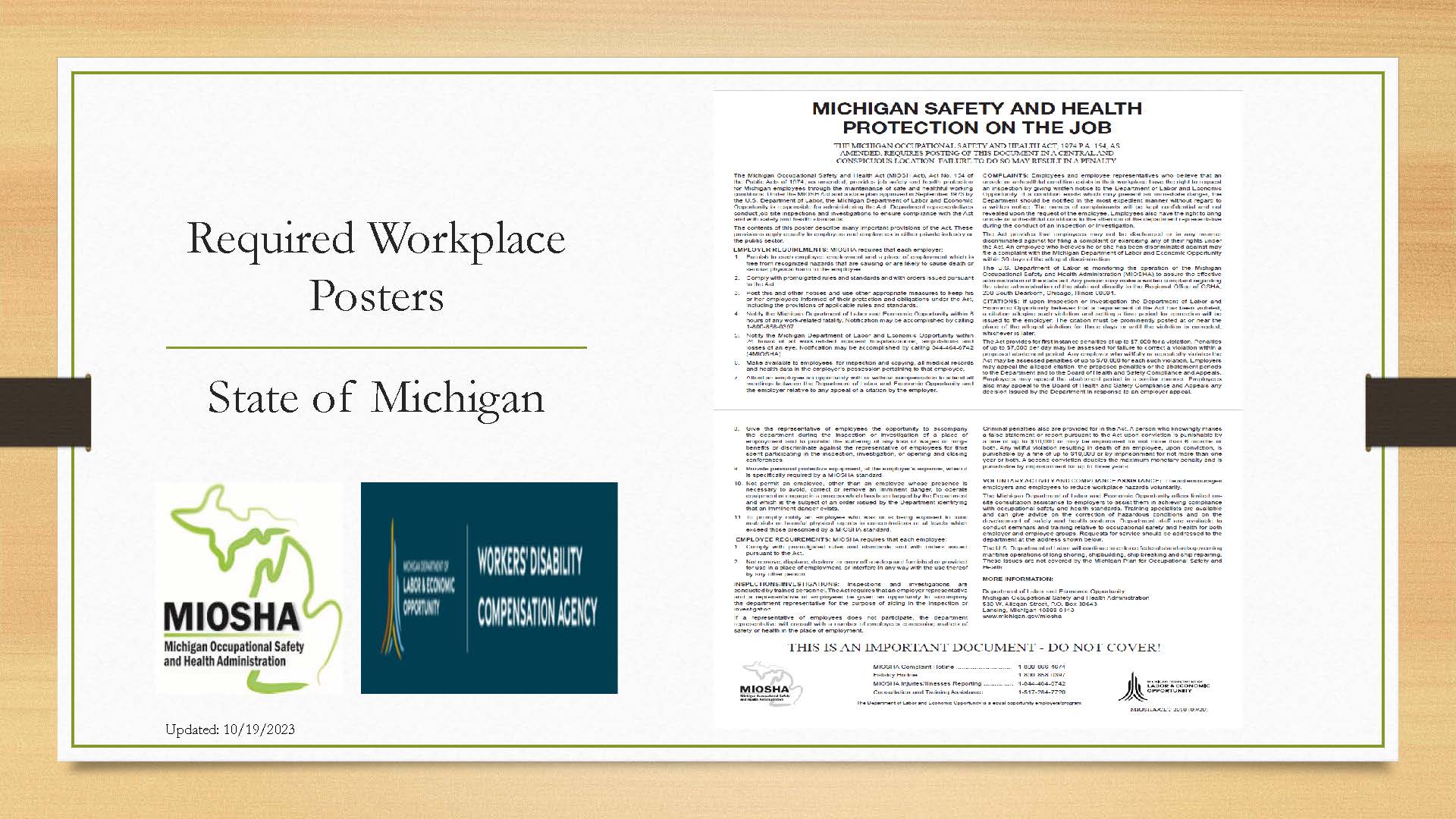 Poster showing the State Law for Michigan Safety and Health Protection