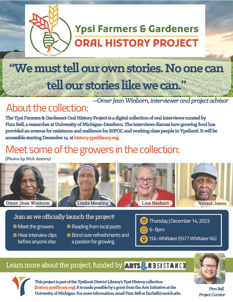 flyer for the launch of the ypsi farmers and gardeners oral history project on december 14th