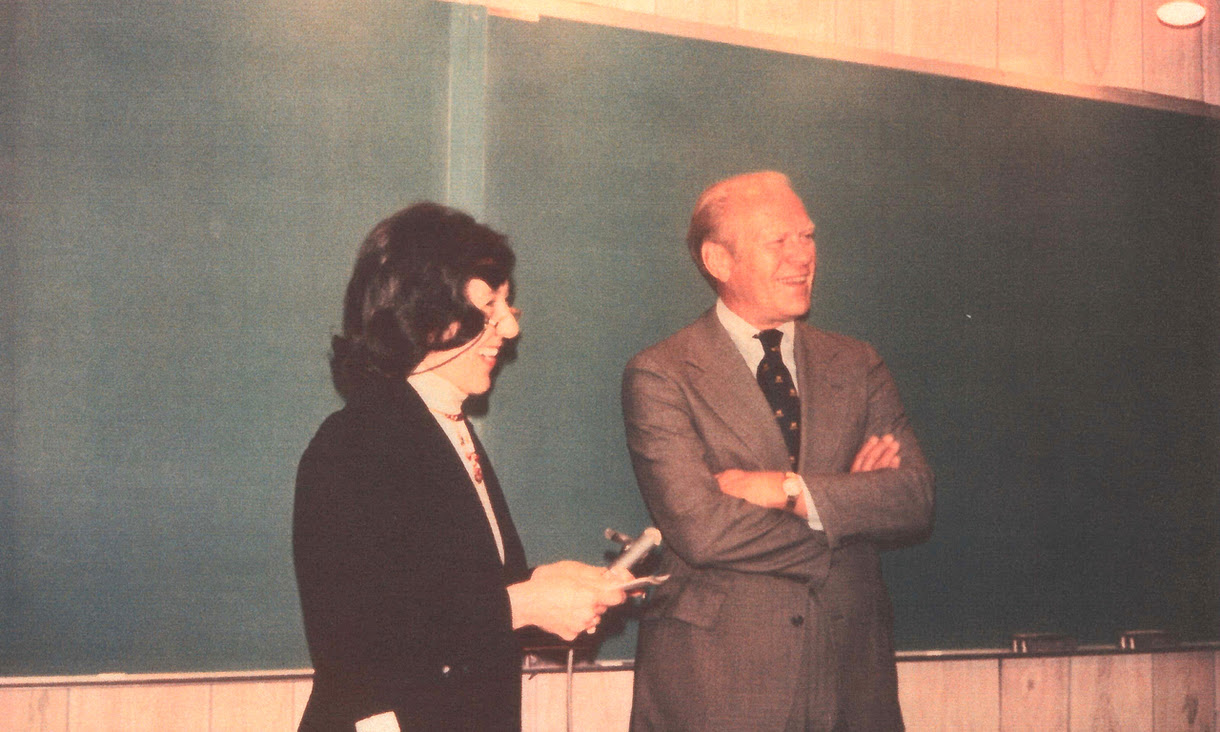 Anaya's mentor Professor Helen Graves is pictured on the left. When President Gerald Ford, right, came to campus in 1978, he gave a talk in Graves’ “Interest Groups and the Political Process” class. 