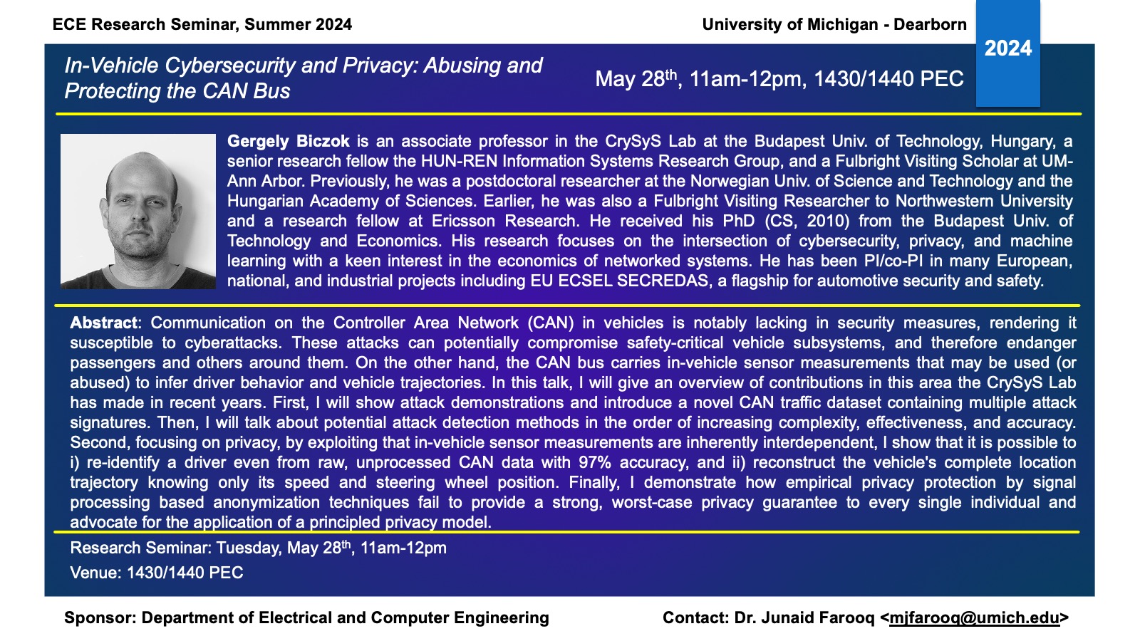 ECE Research Seminar Flyer for Gergely Biczok