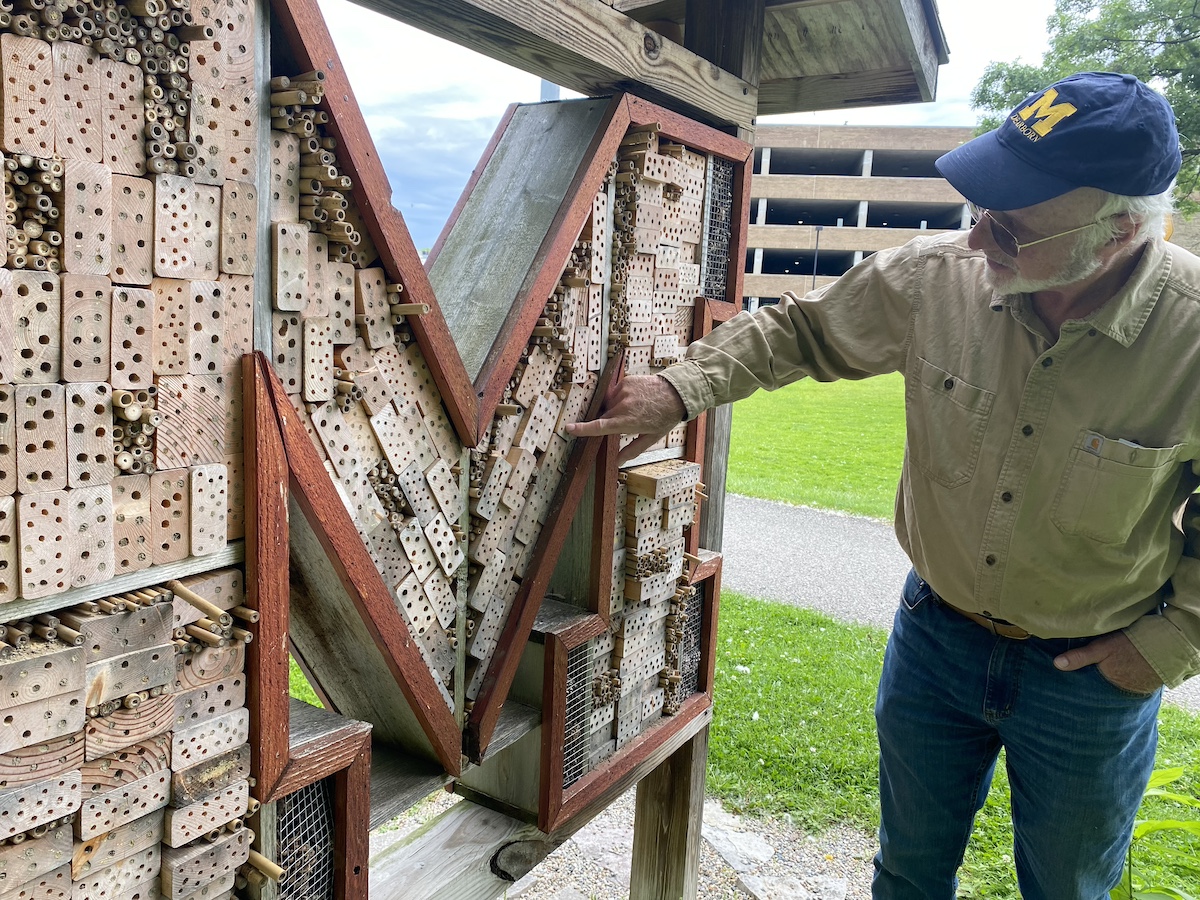 Rick Simek stands near the insect hotel Block M