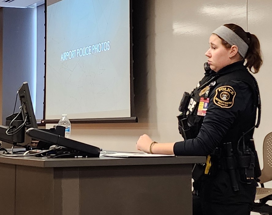 Officer Kaitlyn Wrobel speaks to one of Lecturer Kinzel's classes. Photo courtesy/Aaron Kinzel