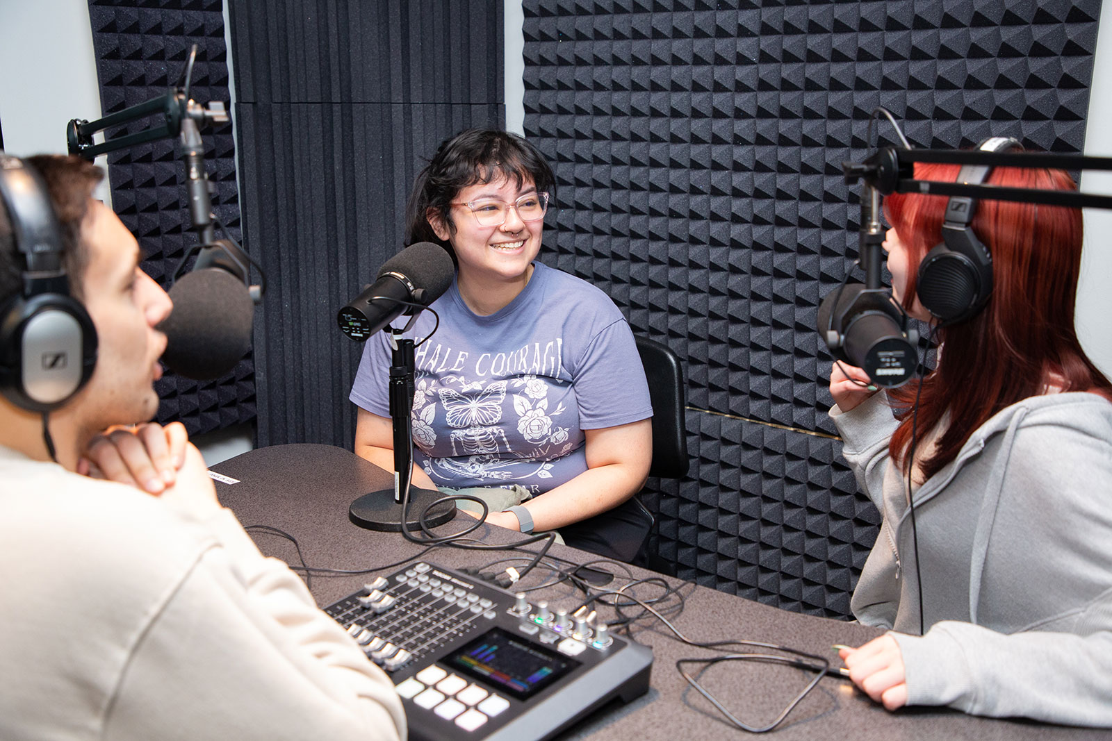 students in the podcasting facilities