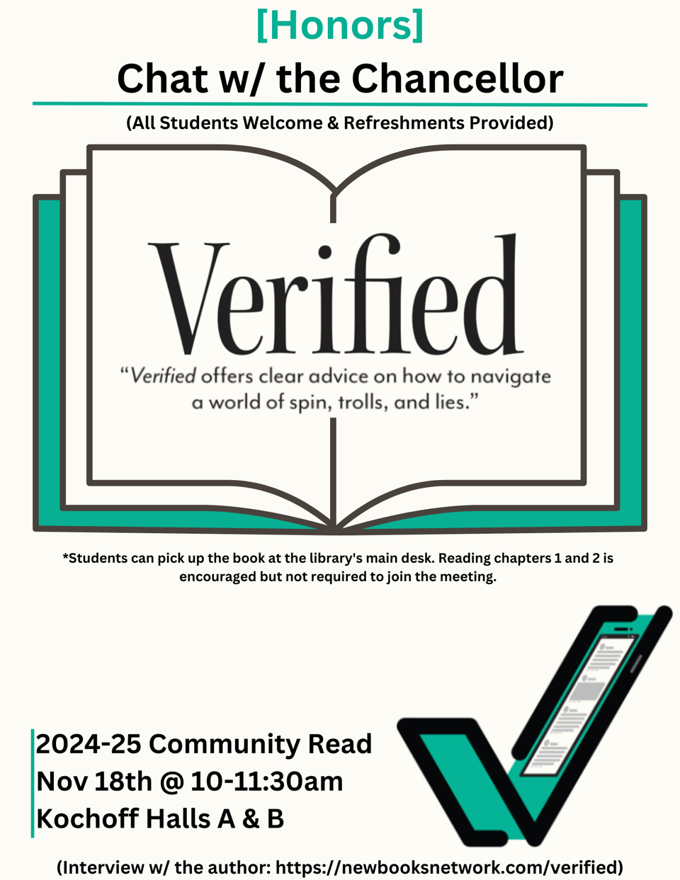 Flyer for discussion of "Verified" book with chancellor 11-18-2024