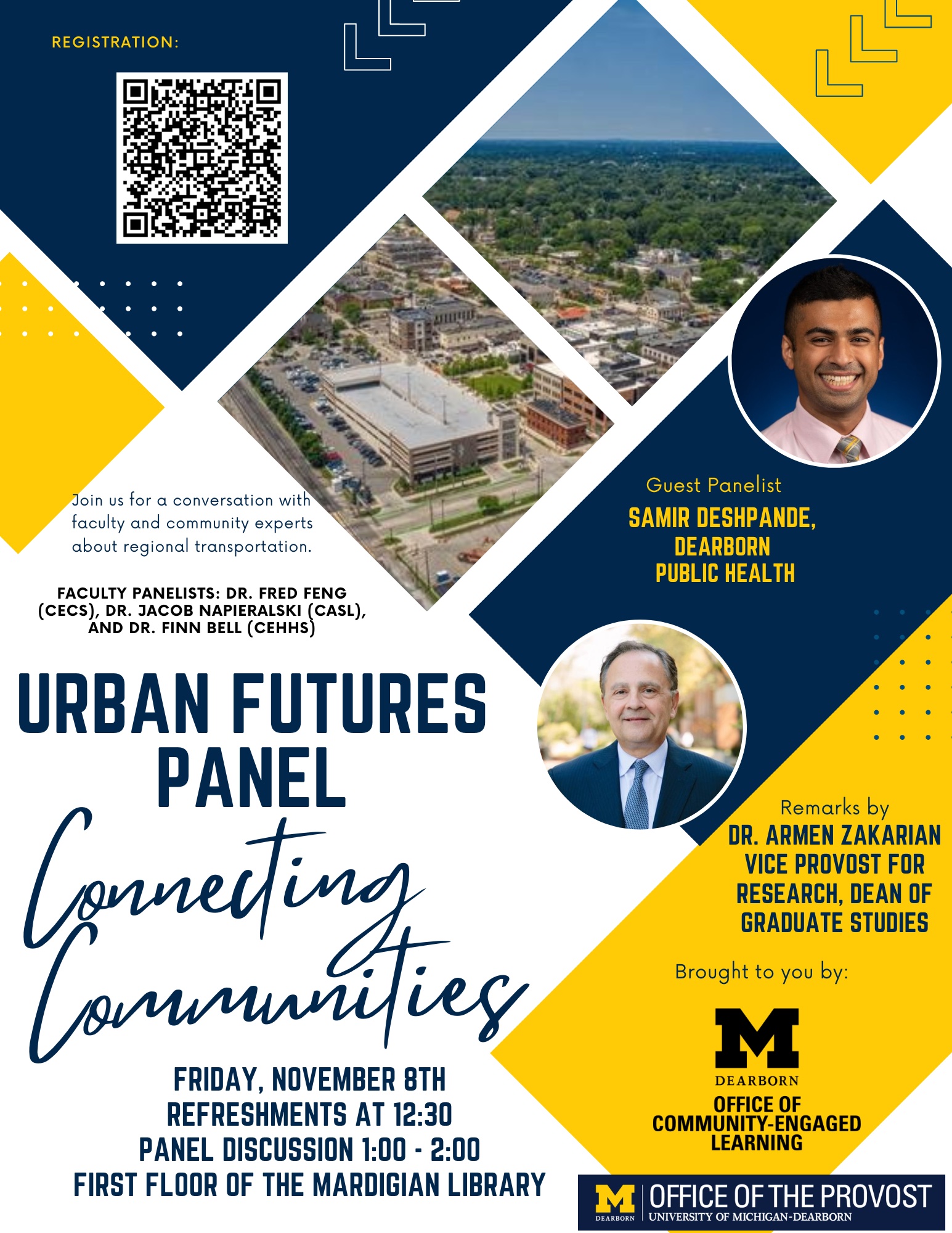 flyer for urban futures panel on regional transportation including Samir Deshpande and Armen Zakarian