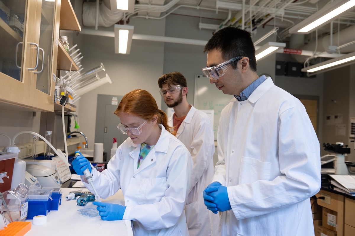 Student working in the lab with professor overseeing. 