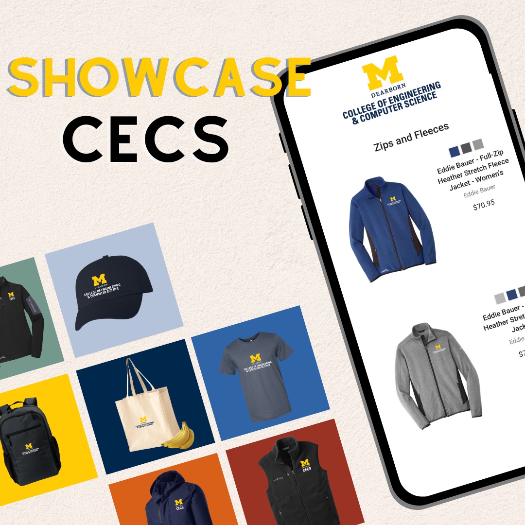 Promotional graphic for the University of Michigan College of Engineering and Computer Science, showcasing various branded merchandise including apparel and a backpack displayed alongside a mobile phone screen depicting the online store.