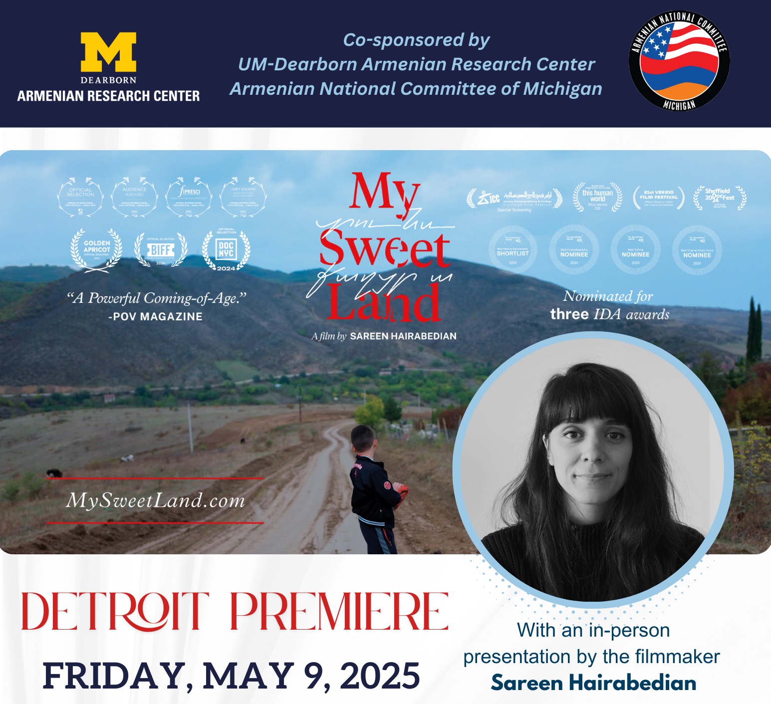 Poster for the Detroit premiere of My Sweet Land by Sareen Hairabedian. Features a boy looking at a distant mountain in a countryside, with Sareen Hairabedian's portrait in the framed foreground. 