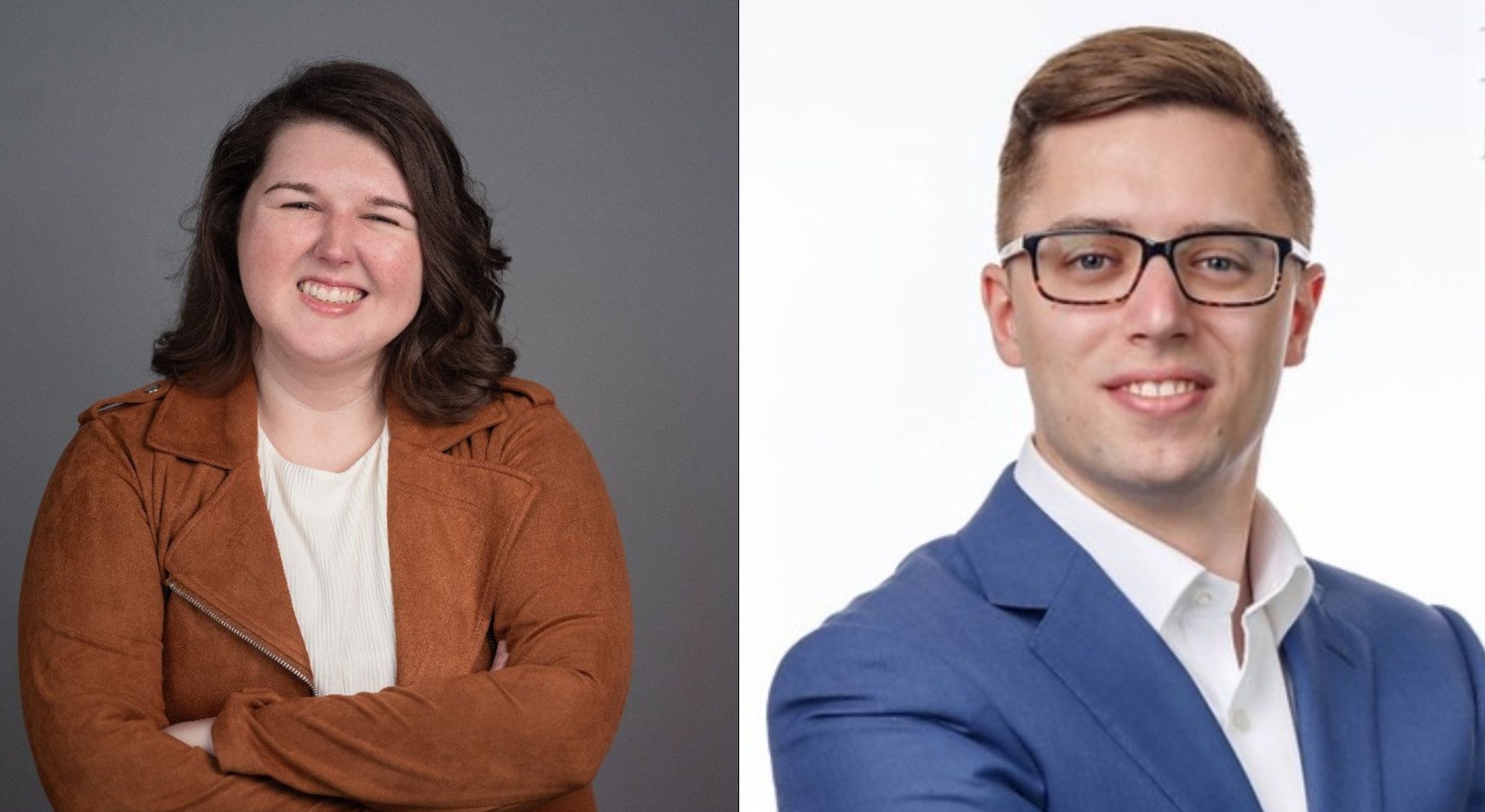 A split screen photo of two 2014 alumni, Paige Patton and Michael Lessa