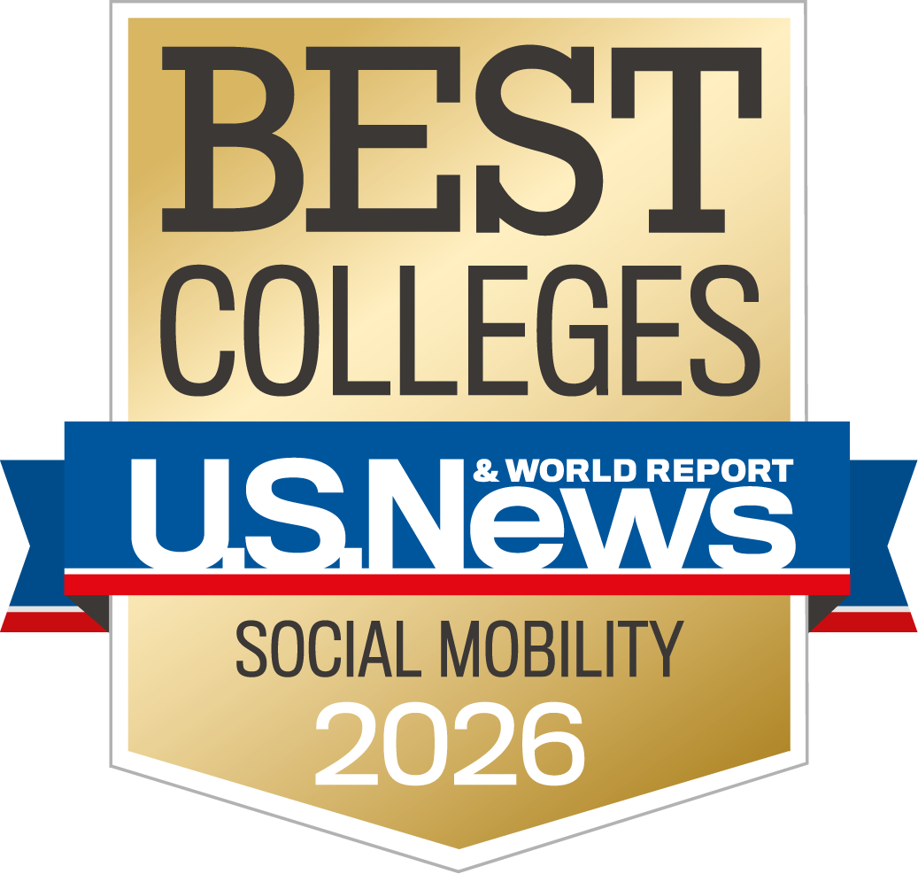 Gold and blue U.S. News & World Report badge reading: “Best Colleges, U.S. News & World Report, Social Mobility, 2026.”