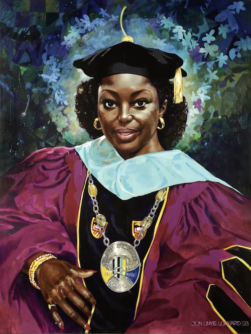 A painted rectangle portrait of a Black woman wearing a maroon doctoral cap and gown.