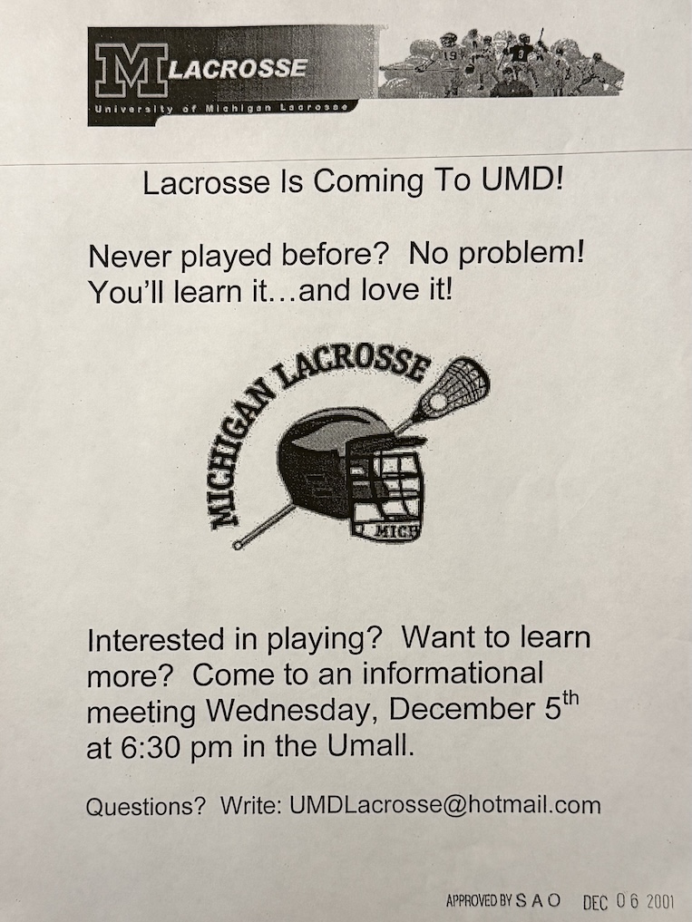 A white sheet of paper advertising the Men's Lacrosse team tryouts. It was from 2001 to recruit for the inaugural season in 2002.
