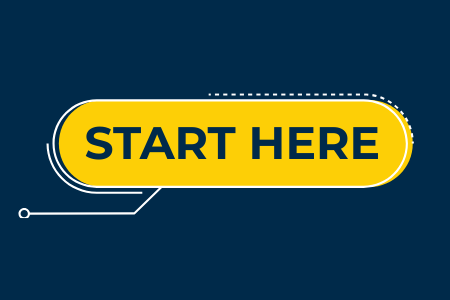 a navy background with a maize oblong shape outlined in white that says "start here"