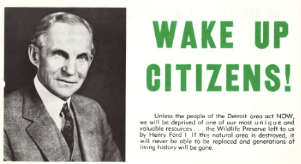 A black and white portrait photo of automotive icon Henry Ford next to words in green that read "Wake Up Citizens." The image is a part of a brochure that asks people to save the land - which was once Henry Ford's — from development.