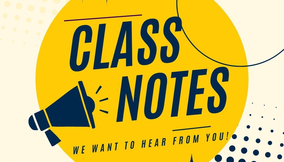Class Notes image in yellow with yellow circles and blue megaphone