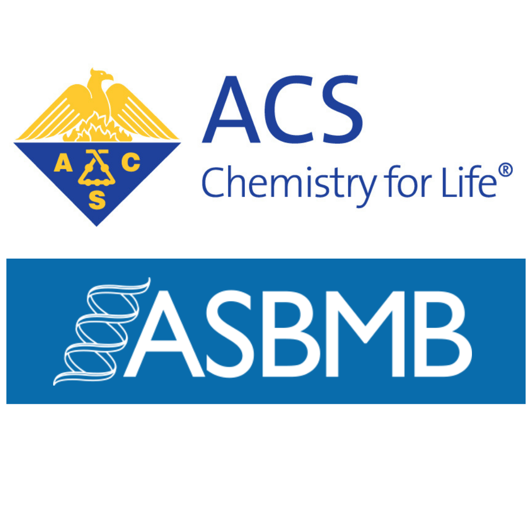 the ACS official logo in blue and yellow sits atop the ASBMB official logo in blue and white