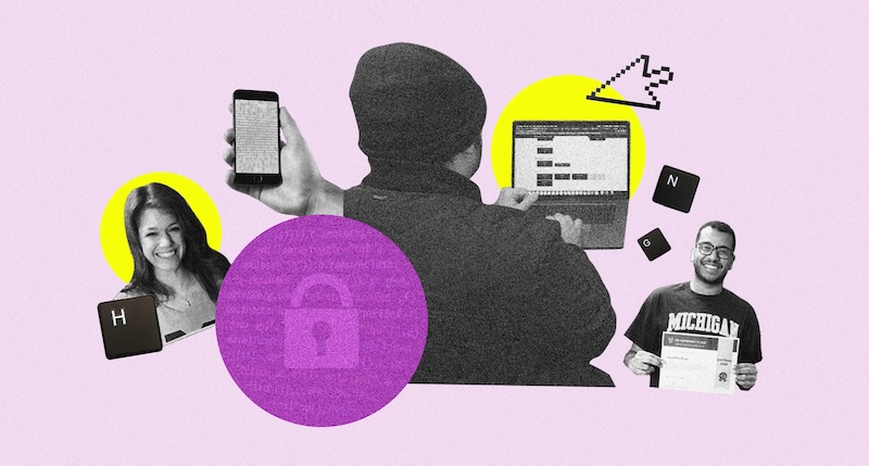 Graphic of three people on their phones and laptops.