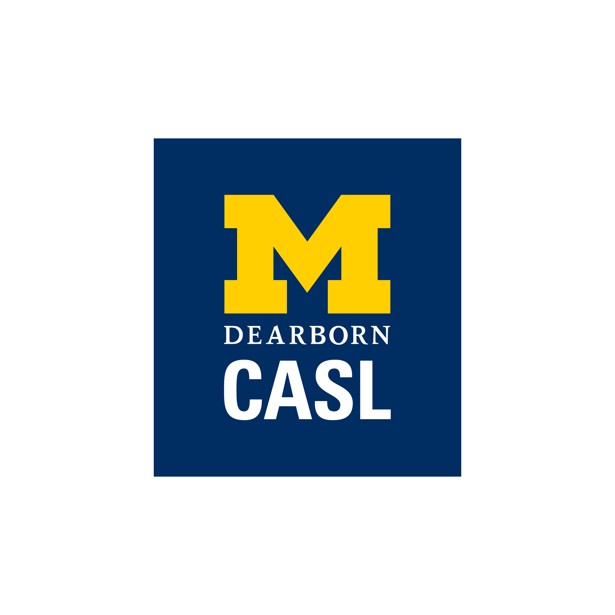 A maize yellow varsity-style letter M on a navy blue background. Underneath the M is "Dearborn" and "CASL" in all capital, white lettering.