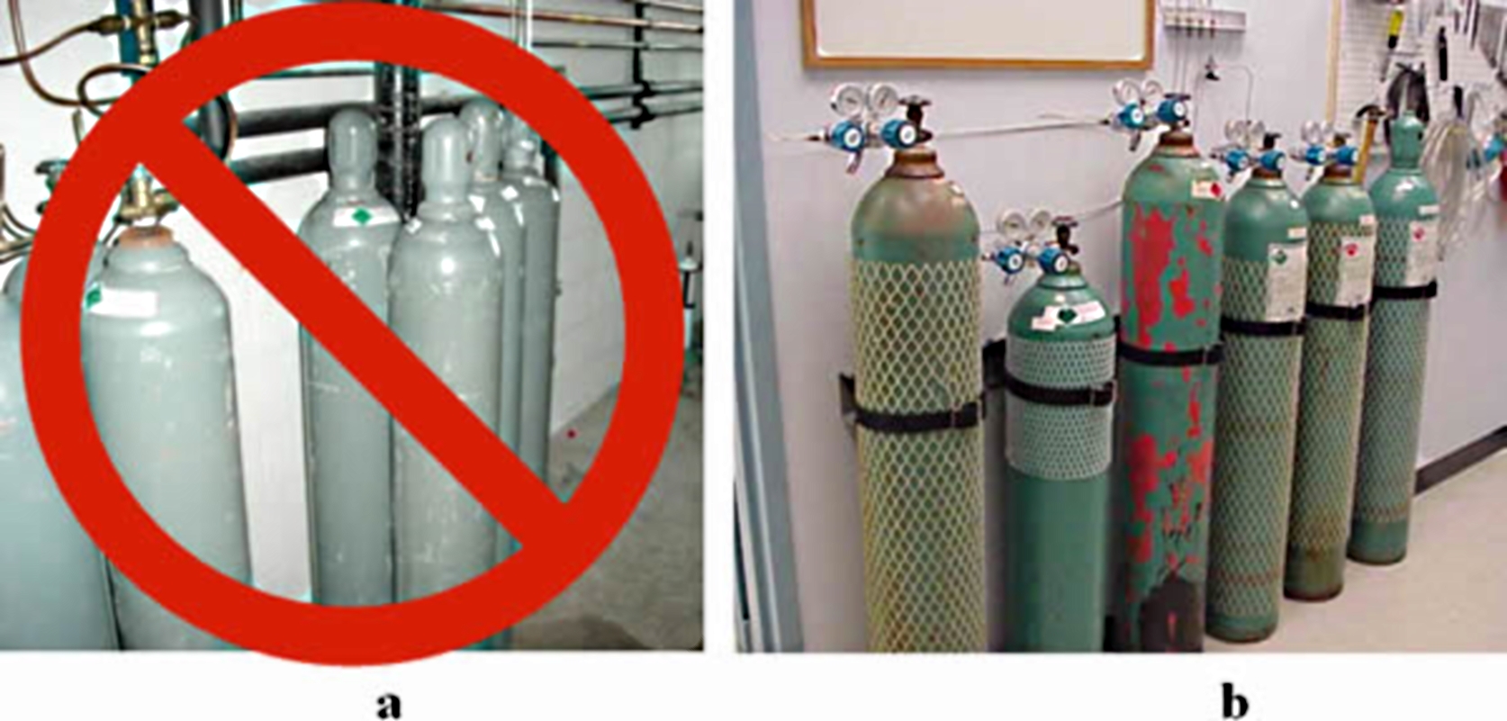 Two photographs comparing how gas cylinders should be stored safely.