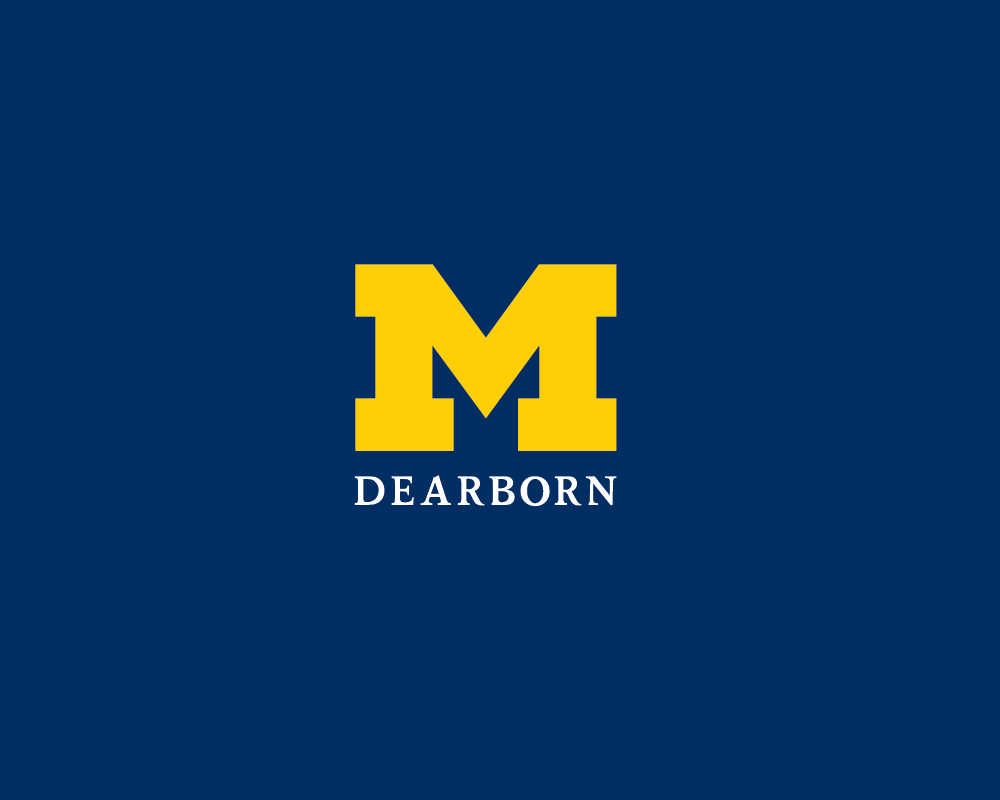 A maize yellow varsity-style letter M on a navy blue background. Underneath the M is "Dearborn" in all capital, white lettering.