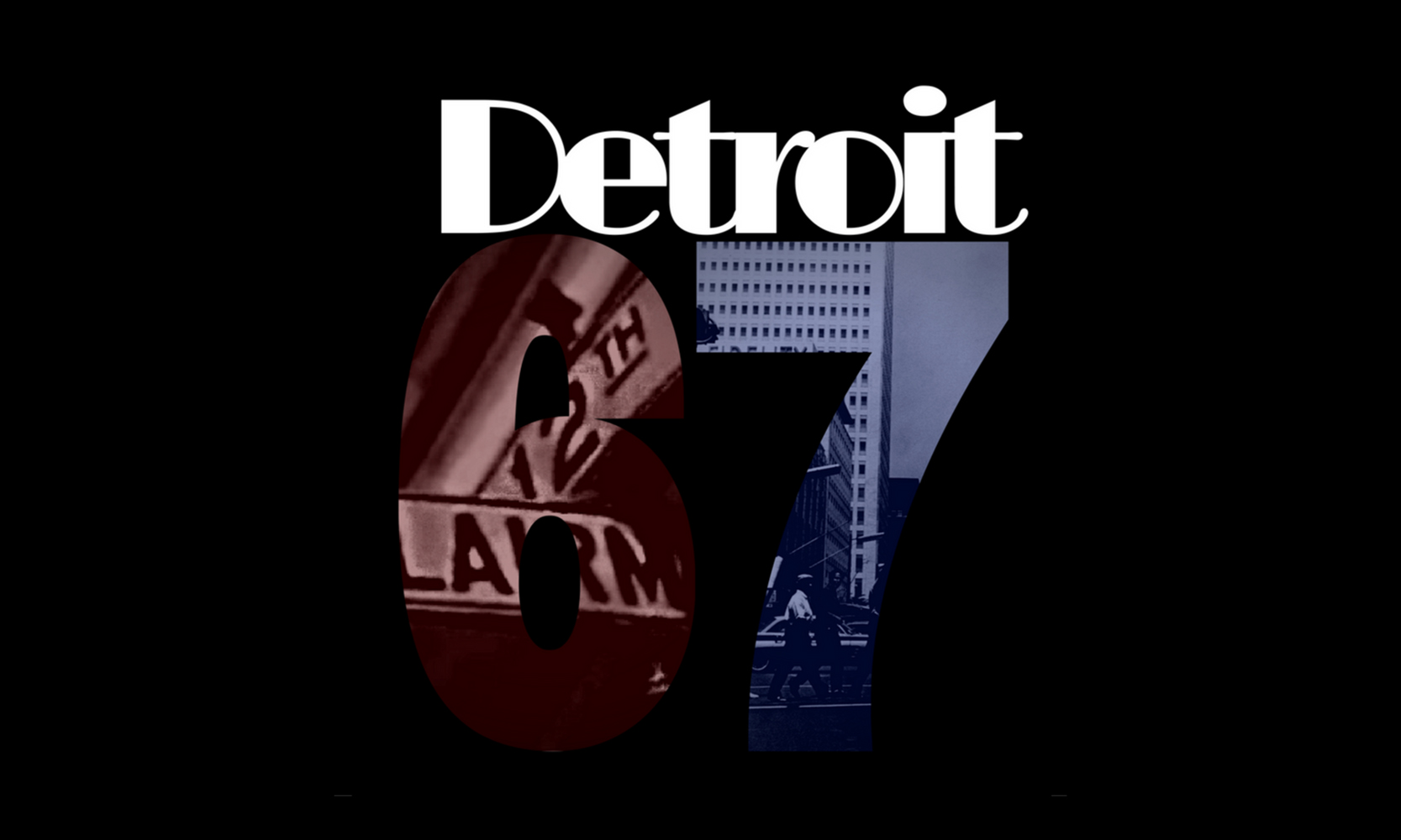 A graphic entitled Detroit with the outline of 67. Within the 67 are street signs and people walking on the street with a tall building in the background.