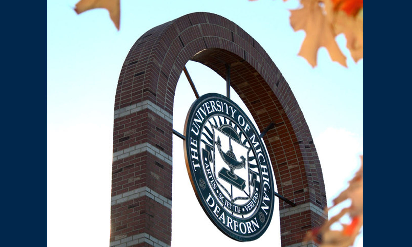 Photo of campus seal in the fall