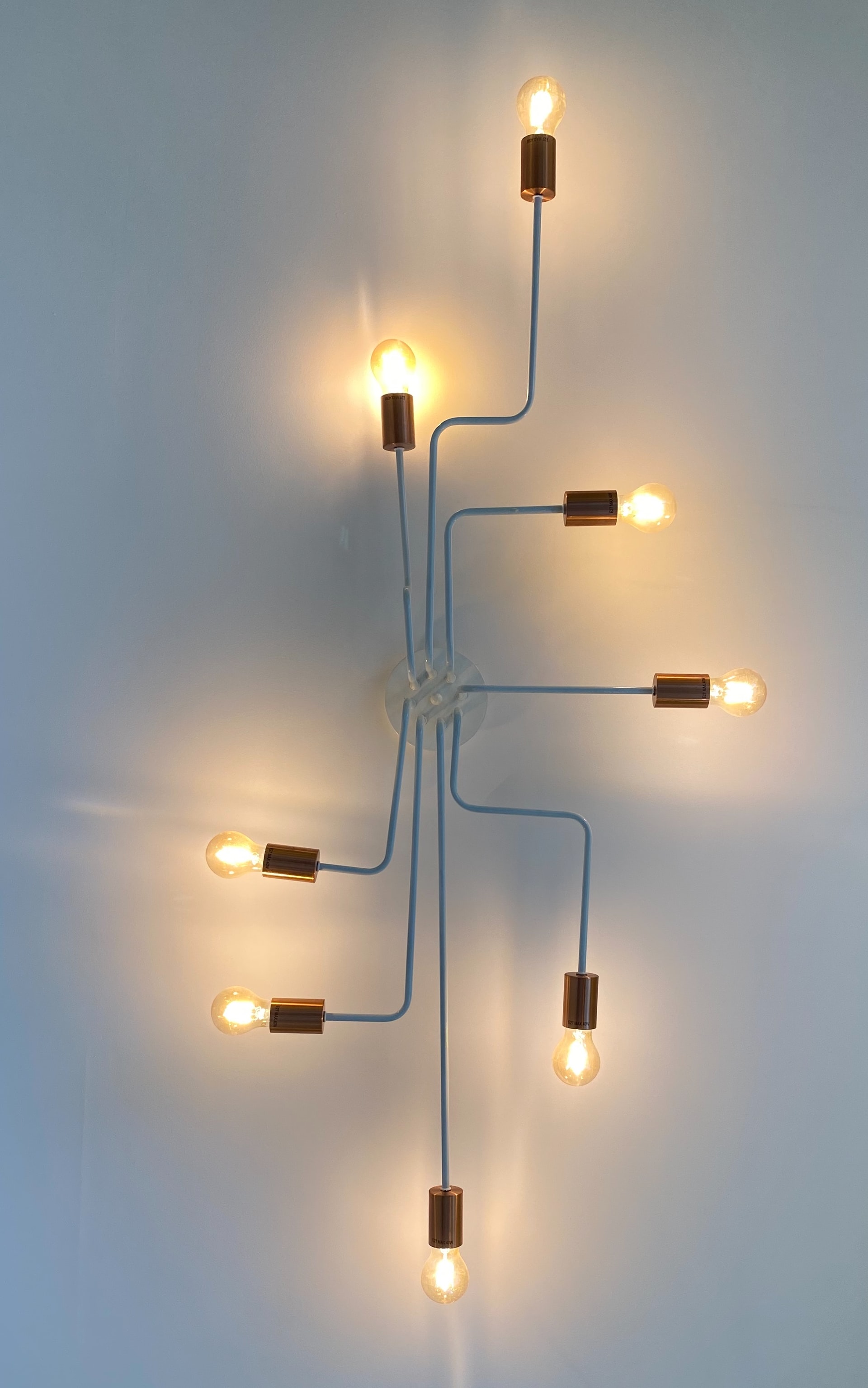 Ceiling light fixture with exposed light bulbs.