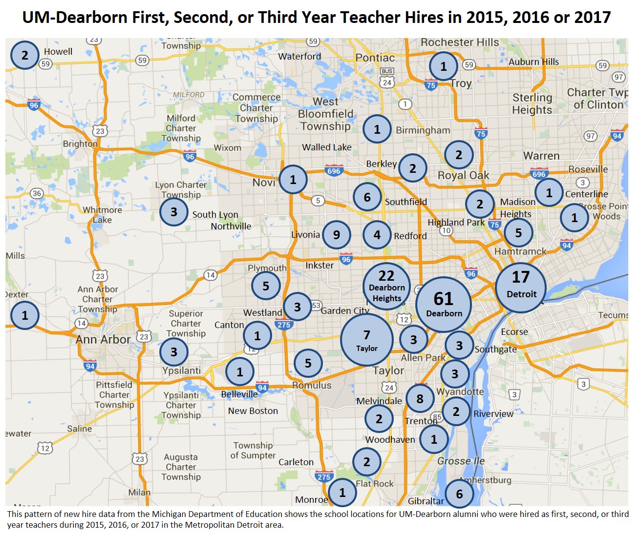 Map of southeast Michigan annotated with numbers of recent graduates hired in communities in the region.