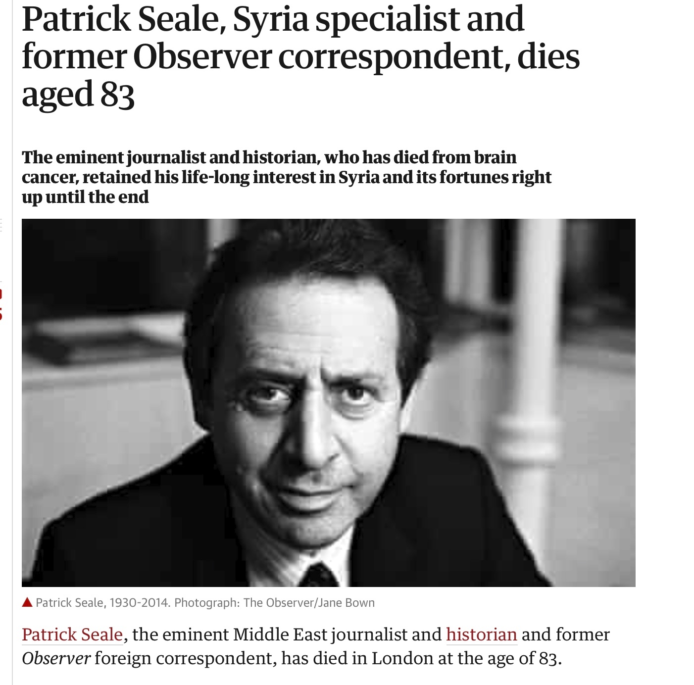News paper article: Patrick Seale, Syria Specialist and former Observer correspondent, dies aged 83