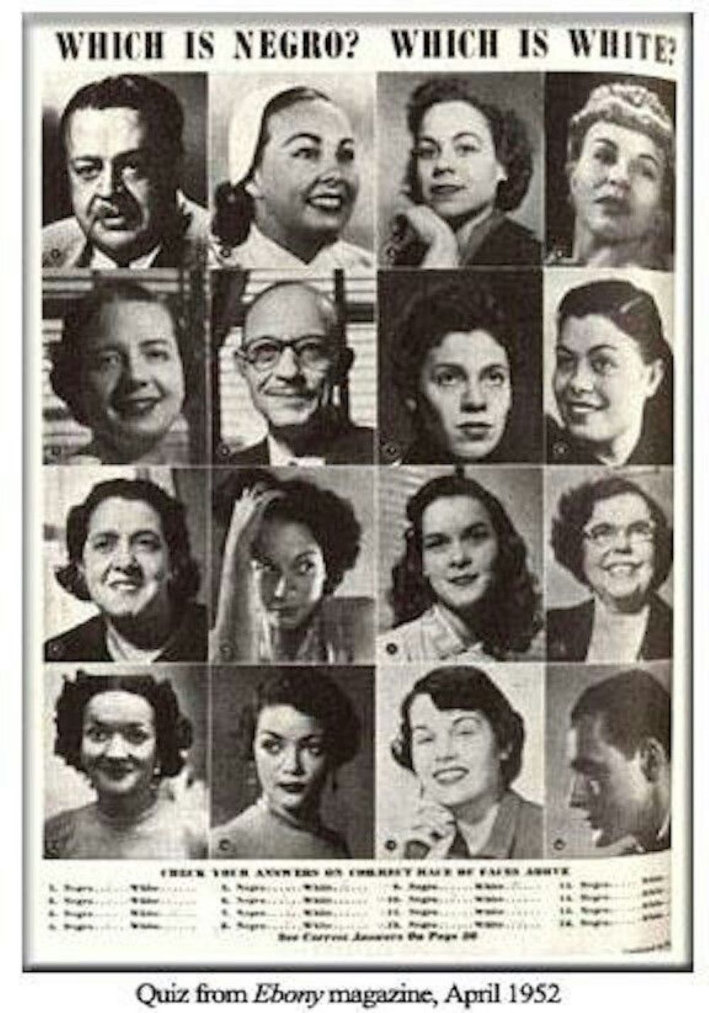 Page from Ebony magazine, April 1952 with the title Which is Negro? Which is white? Listed are 16 head shots