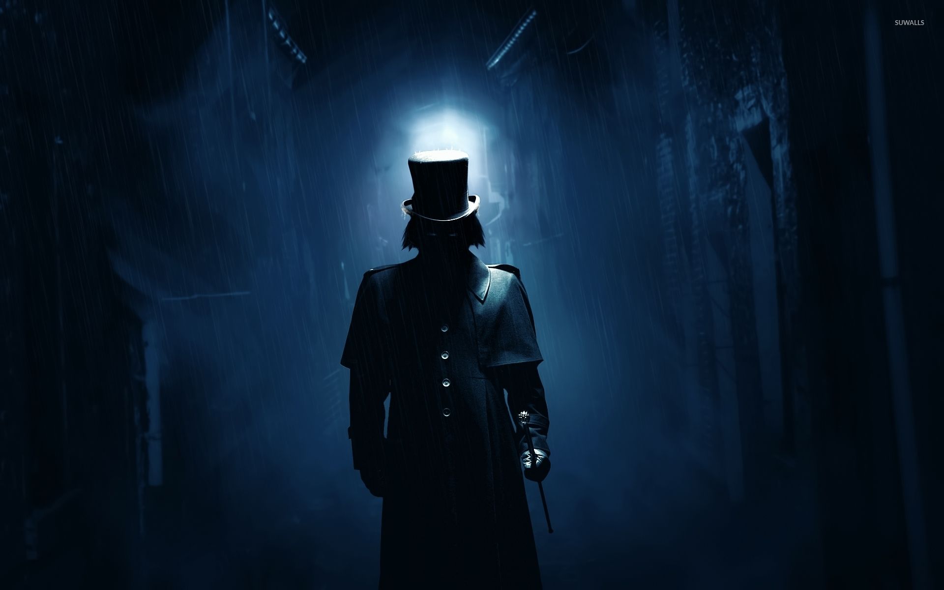 Dark image with man dressed in top hat walking toward the light