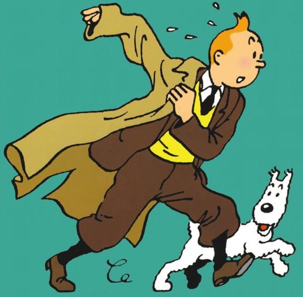 Cartoon: Tintin running putting on a coat with dog running with him.