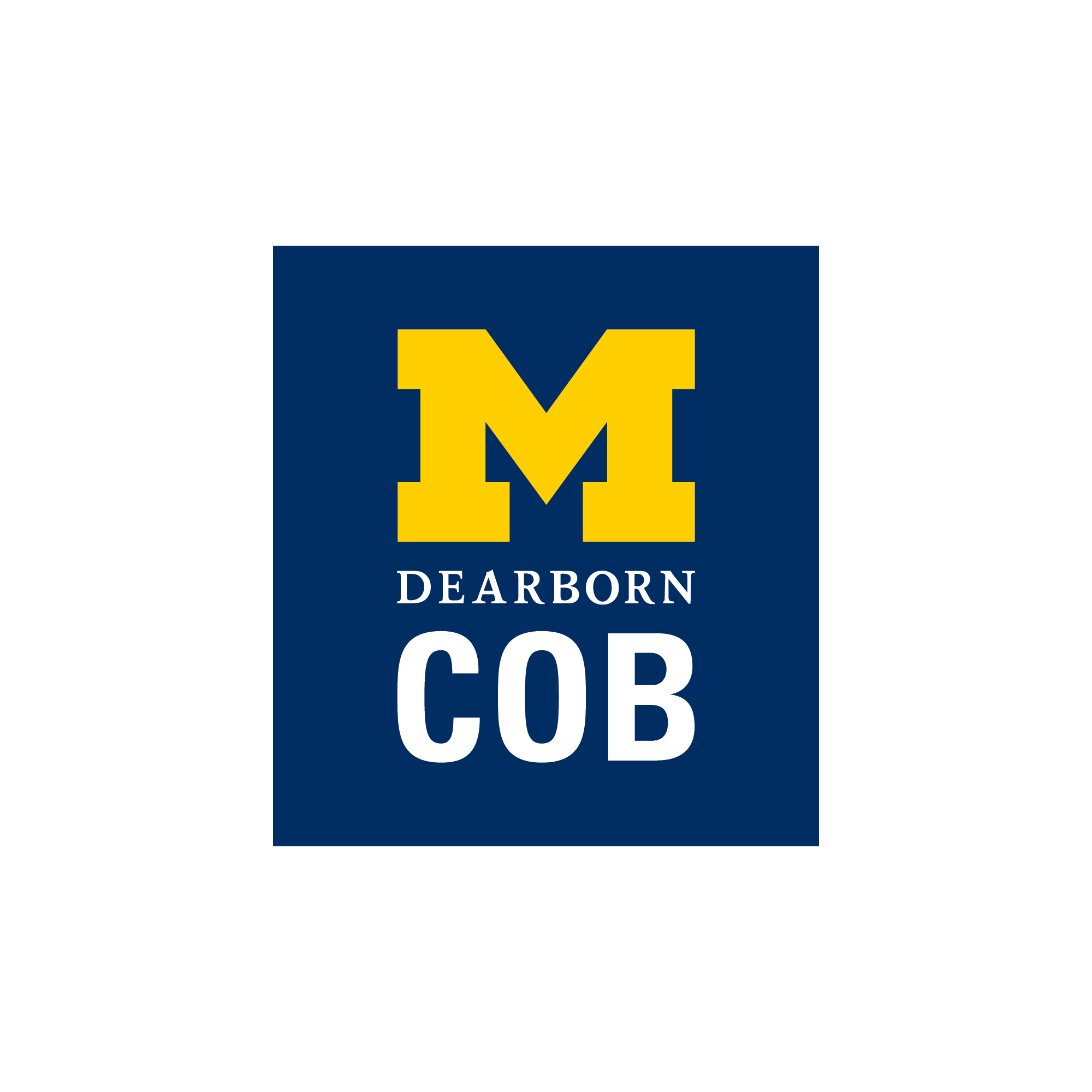 A maize yellow varsity-style letter M on a navy blue background. Underneath the M is "Dearborn" and "COB" in all capital, white lettering.