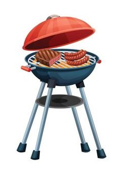 Cartoon drawing of a charcoal grill with the lid above and hot dogs and a steak on the grill.