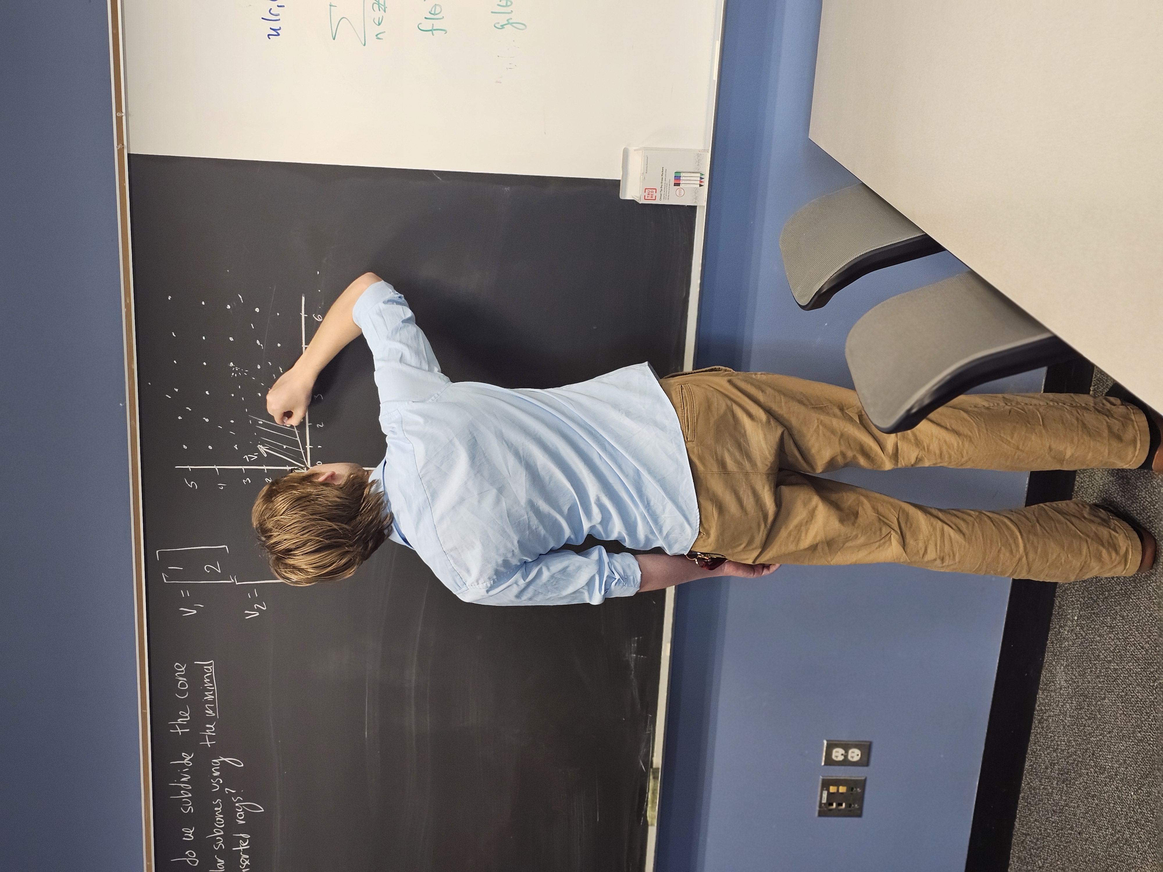 An undergraduate REU student stands at a chalkboard sketching graphs and geometric concepts while working through an advanced mathematics problem. The chalkboard is filled with equations, vectors and diagrams as the student develops ideas during a collaborative summer research session at the University of Michigan-Dearborn.