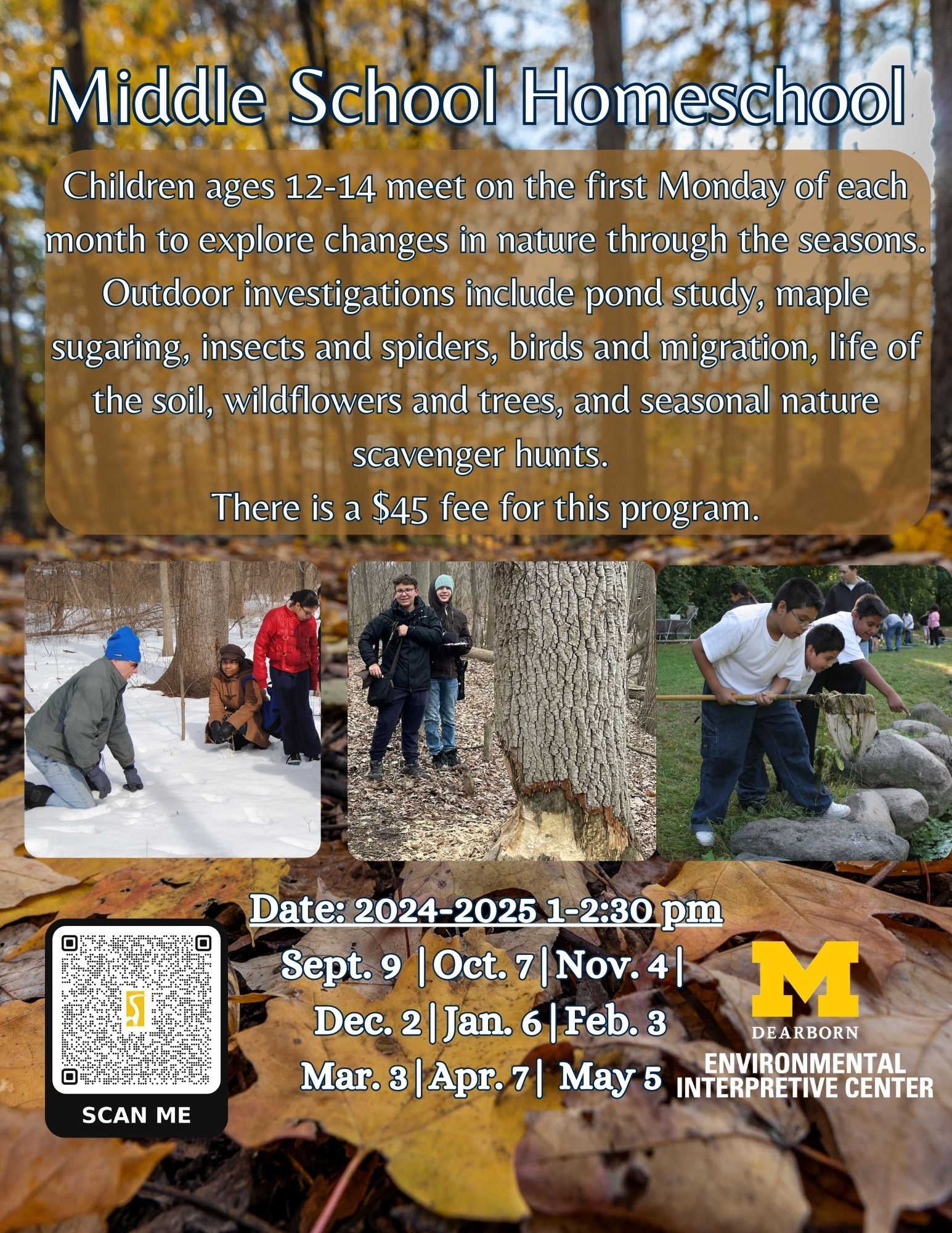 rick demonstrates how tracks are formed in snow, student observe a tree damaged by a beaver, students collect pond water in pond.