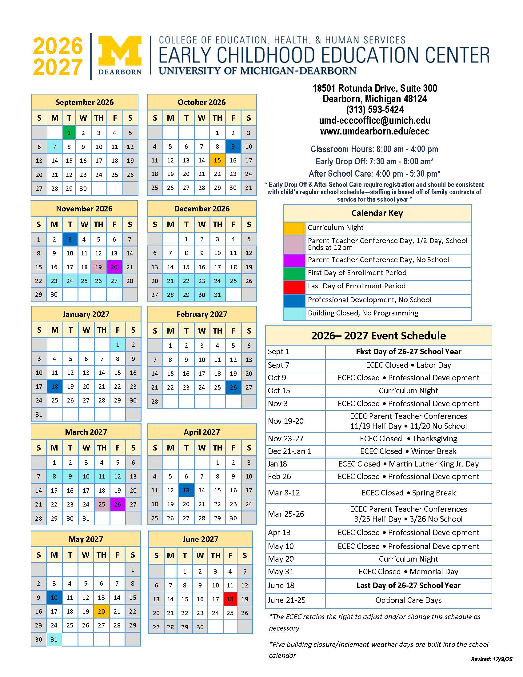 ECEC School Year Calendar | University of Michigan-Dearborn