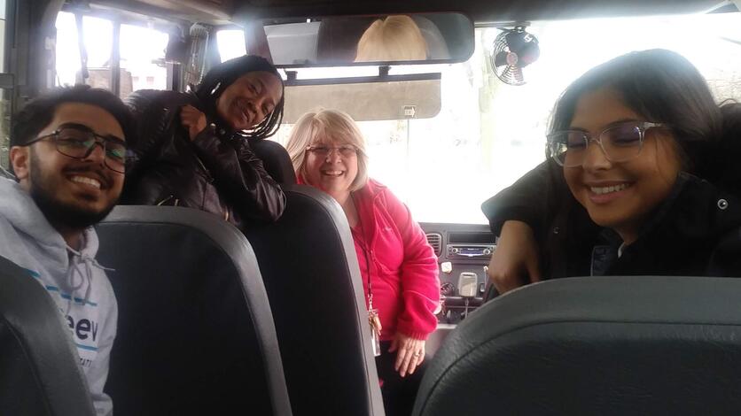 In this early March 2020 photo, Erie V. Nash, second from left, takes a social entrepreneurship bus tour of Detroit in her ENT 403 course. The bus tour is on hold this semester, but Professor Harris will connect students to social entrepreneurs virtually