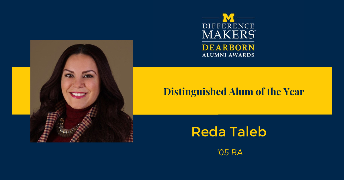 A navy blue banner with Reda Taleb's headshot that reads Distinguished Alum of the Year, Reda Taleb in a maize banner