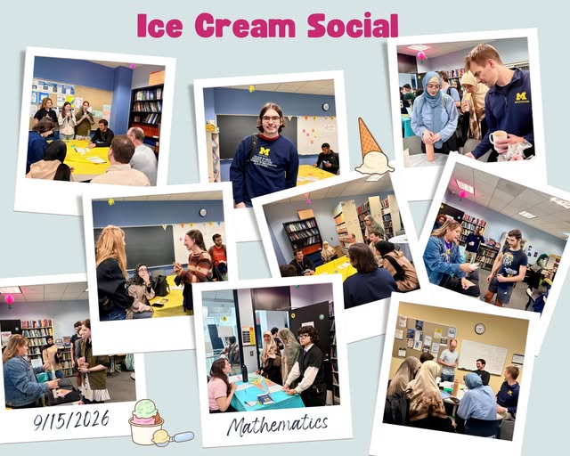 “Ice Cream Social” collage featuring students and faculty chatting in a mathematics department lounge.Attendees gather around tables, enjoy ice cream, and socialize in small groups.Dated September 15, 2026, with playful ice cream illustrations.