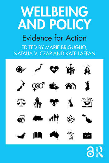front of textbook "Wellbeing and Policy, Evidence for Action" with a teal background and white text, along with a box housing several graphics such as an artist pallette, houses, a scale, leaves, and more"