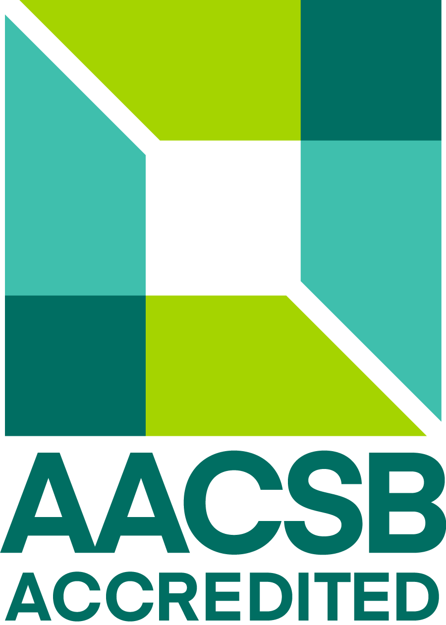 AACSB Accredited logo featuring a geometric design in shades of green and teal with the words ‘AACSB Accredited’ below.