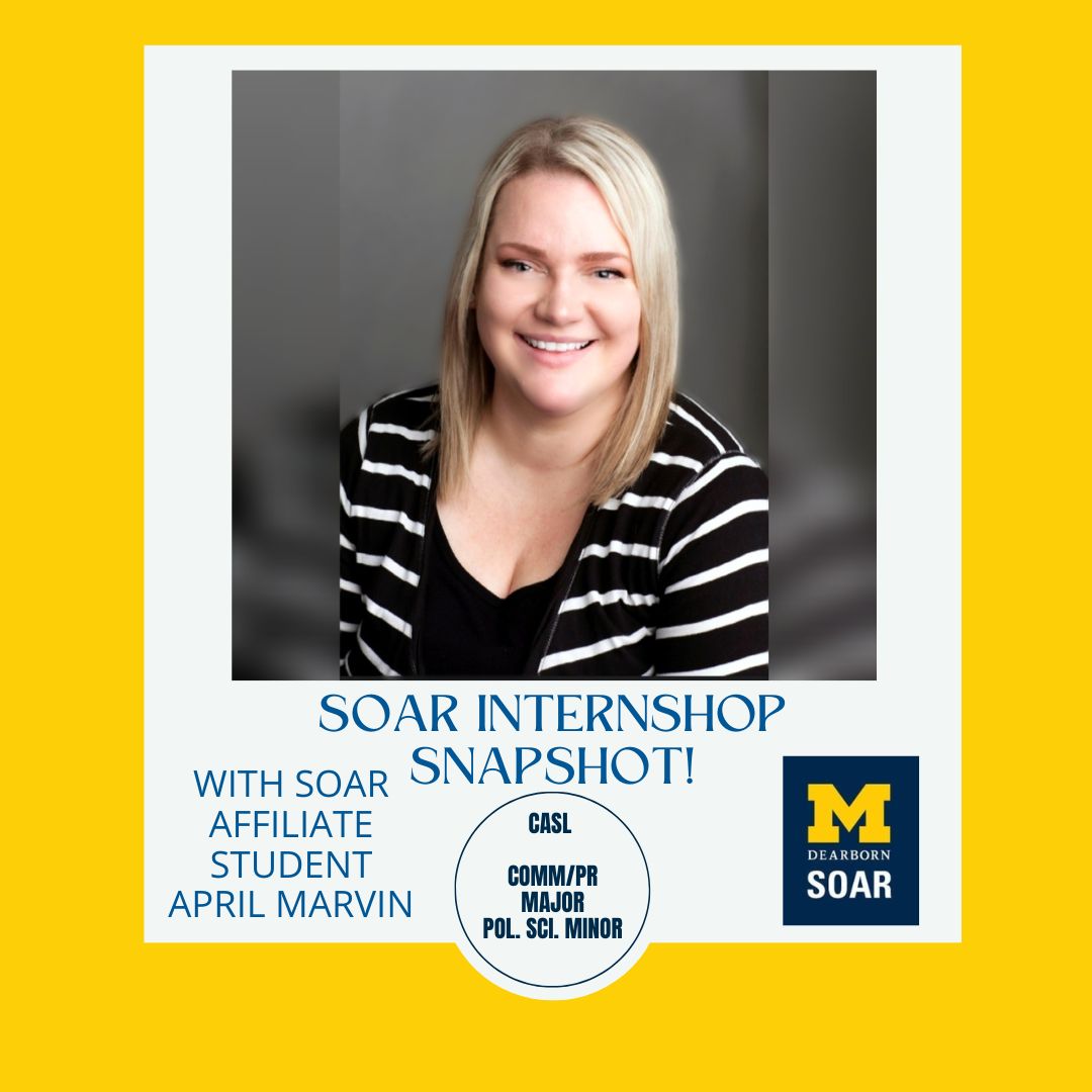 headshot of student April Marvin against yellow back drop with text: "SOAR affliate student" from CASL, COMM/PR major, Pol. Sci Minor