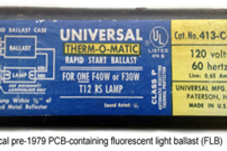 Universal therm-o-matic pre 1979 PCB-containing fluorescent light ballast (FLB)