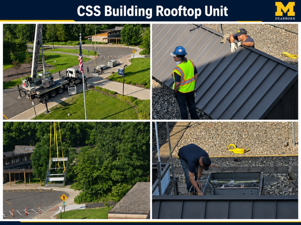 Four images of the rooftop process, top left is a view from the roof showing the crane and units on the ground, top right, two people waiting for the unit, bottom left, the frame being lifted by the crane, and bottom right connections being made to the roof and frame.