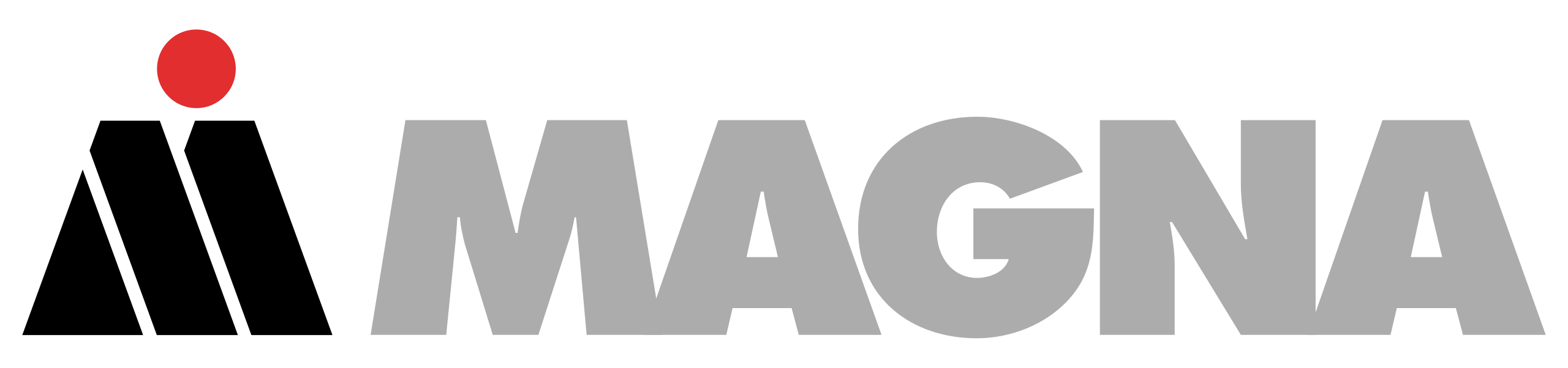 Corporate logo of Magna, showing the company's branding in gray letters with a red circle above the 'M'.