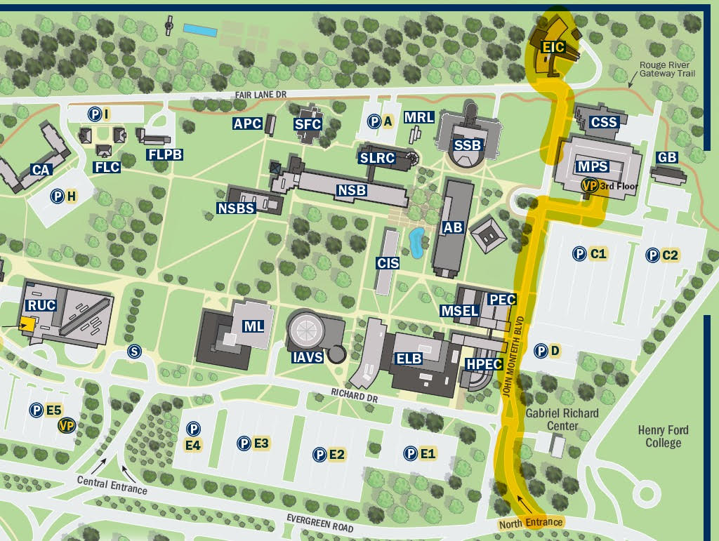 Campus map, highlighted route of Entering from the North Entrance traveling down John Monteith Blvd., to the Monteith Parking Structure. Highlighted route continues west towards the EIC building.