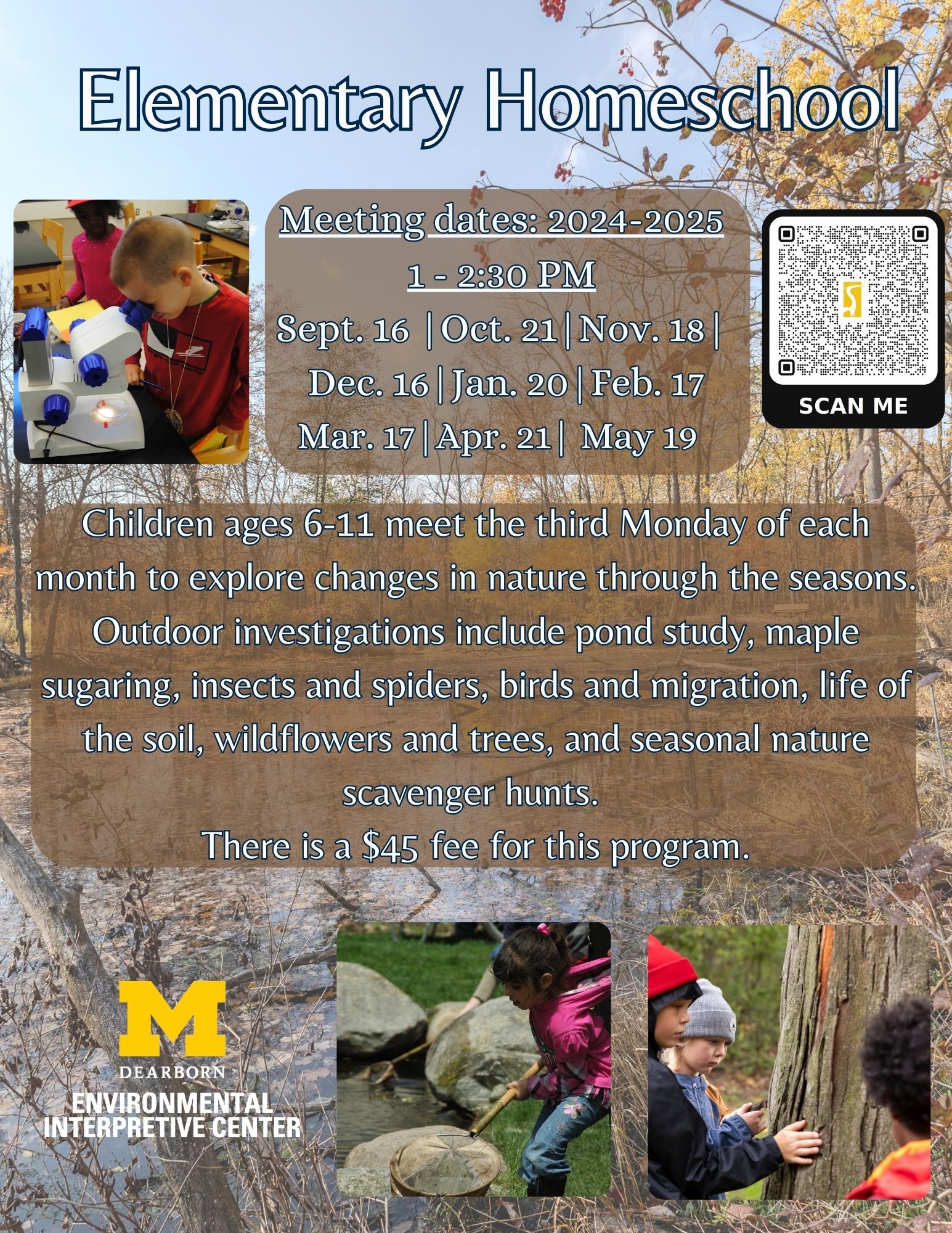 Elementary students examine species using microscope, collect organisms from the pond and observe the texture of tree bark.