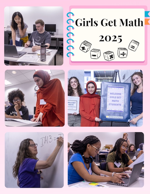 Students participate in Girls Get Math 2025, working collaboratively on laptops.   Event signage welcomes attendees and promotes math learning for girls.   Classroom scenes show teaching, group activities, and problem-solving. Pink background photo collage with "girls get math 2025" on a clipart image of a notebook.